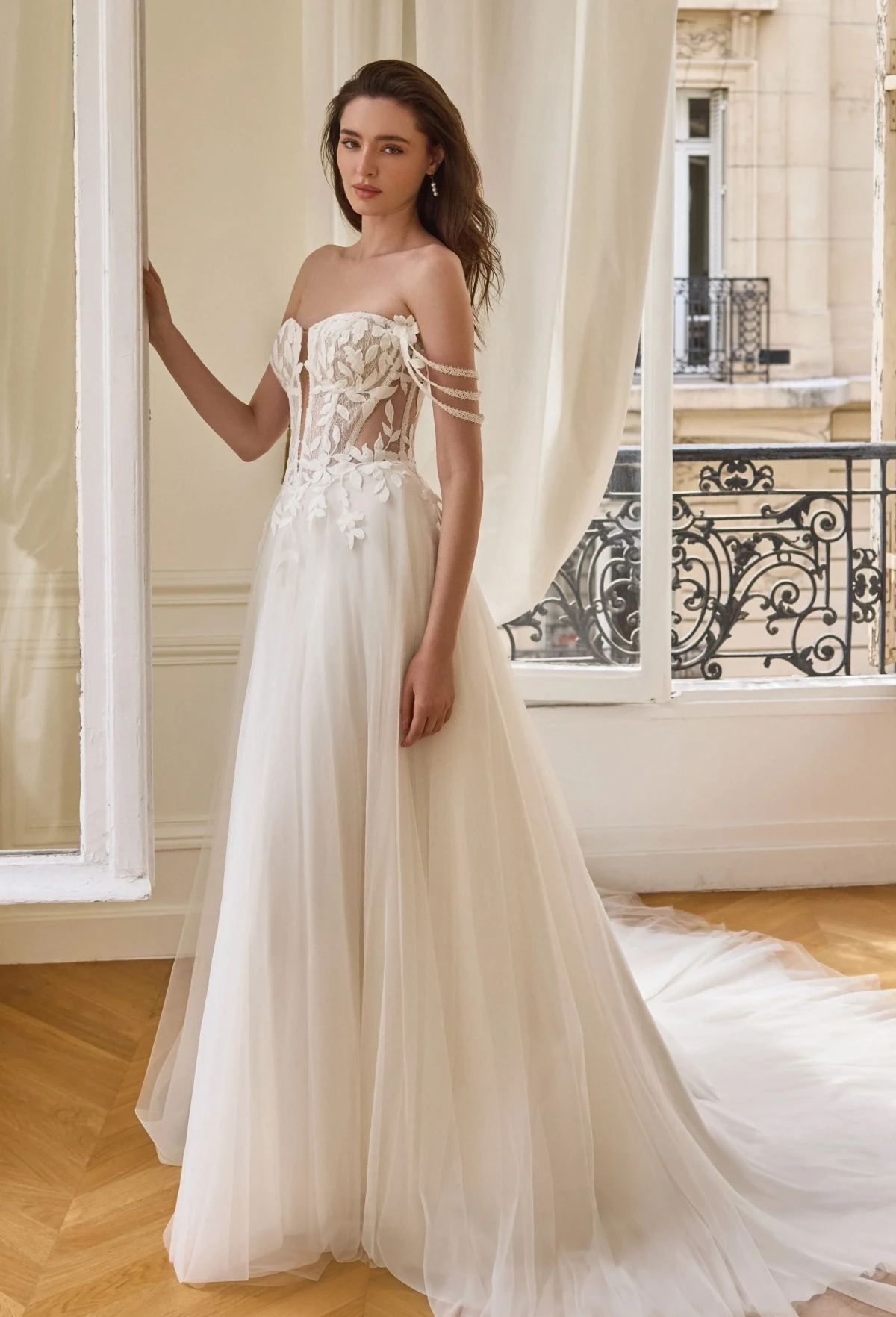 Model in white bridal dress